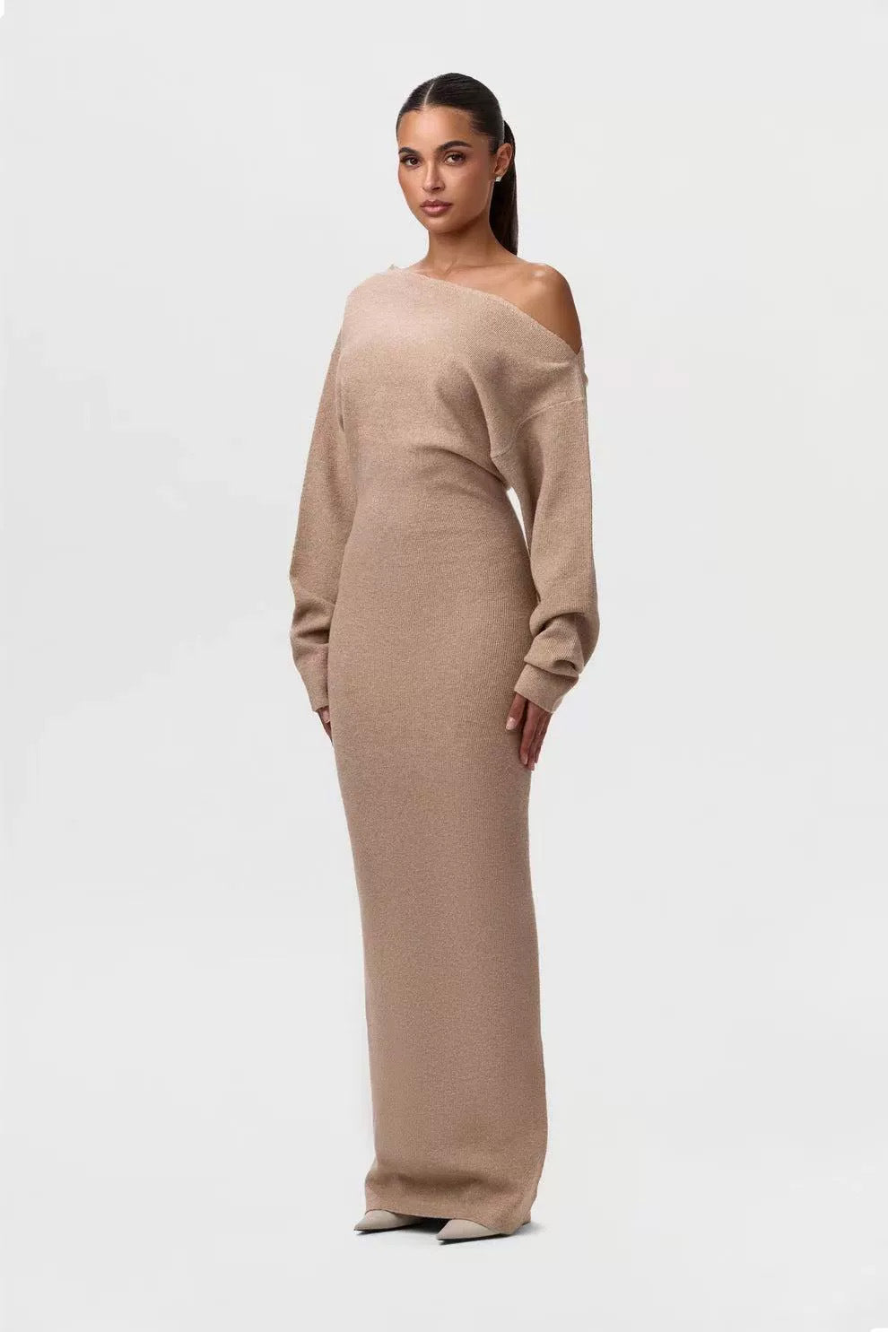 Damen One-Shoulder Maxi Strickkleid mit Übergroßen Ärmeln Drune