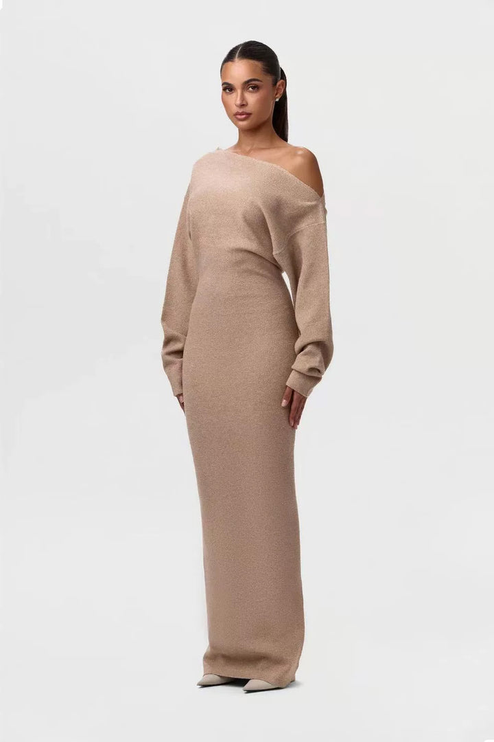 Damen One-Shoulder Maxi Strickkleid mit Übergroßen Ärmeln Drune
