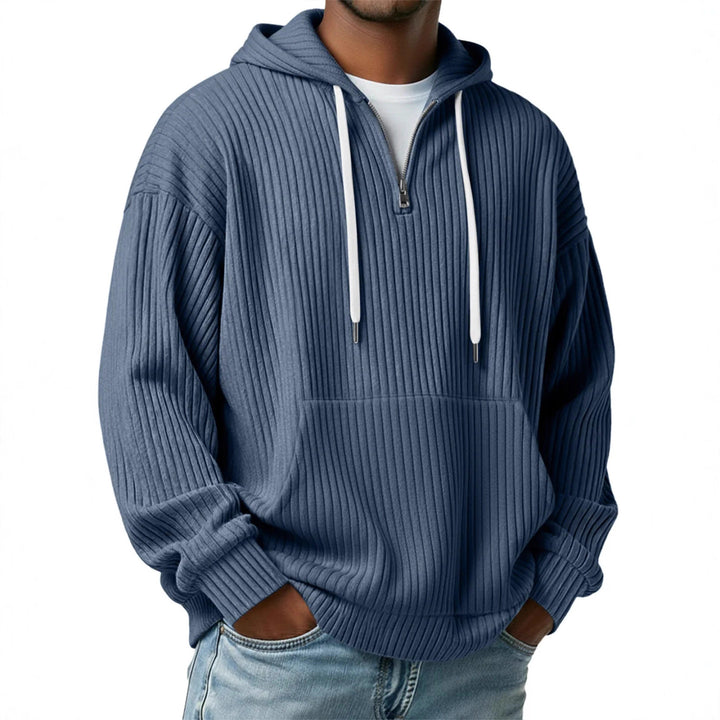 Herren gerippter Halfzip-Hoodie mit Kapuze, Kängurutasche und oversized Casual-Schnitt Drune