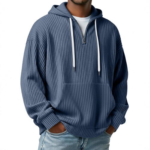 Herren gerippter Halfzip-Hoodie mit Kapuze, Kängurutasche und oversized Casual-Schnitt Drune
