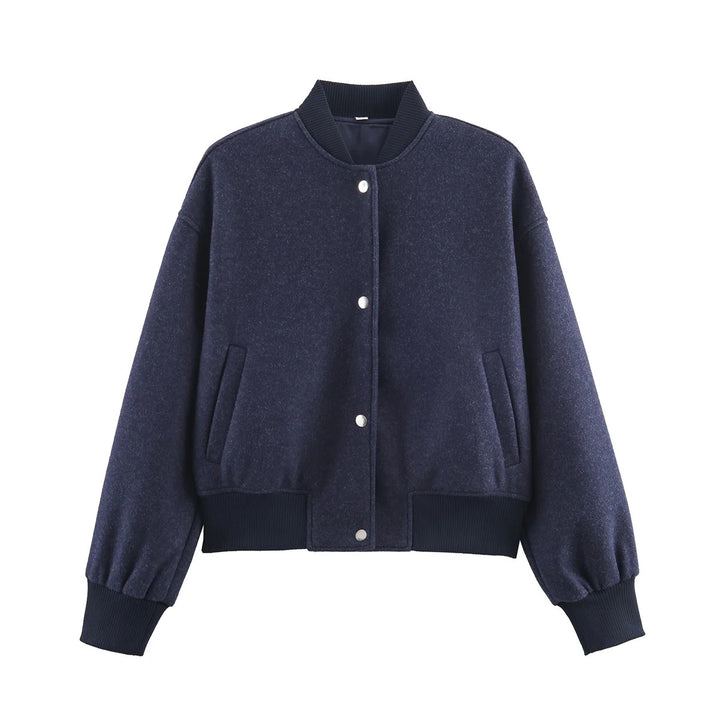 Damen nan kastig geschnittene Wolloptik-Collegejacke mit verdeckter Druckknopfleiste und seitlichen Schubtaschen Drune