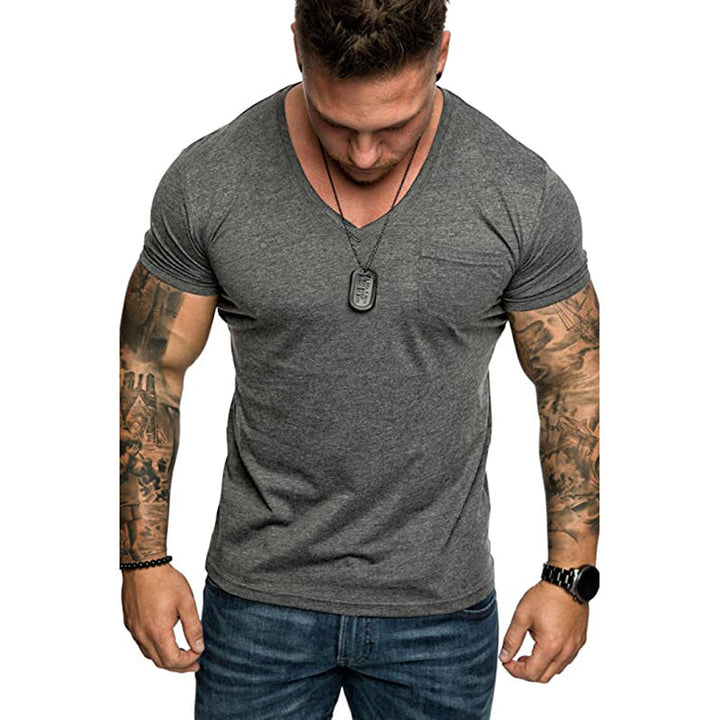 Herren V-Ausschnitt T-Shirt aus weicher Baumwolle mit Brusttasche Drune