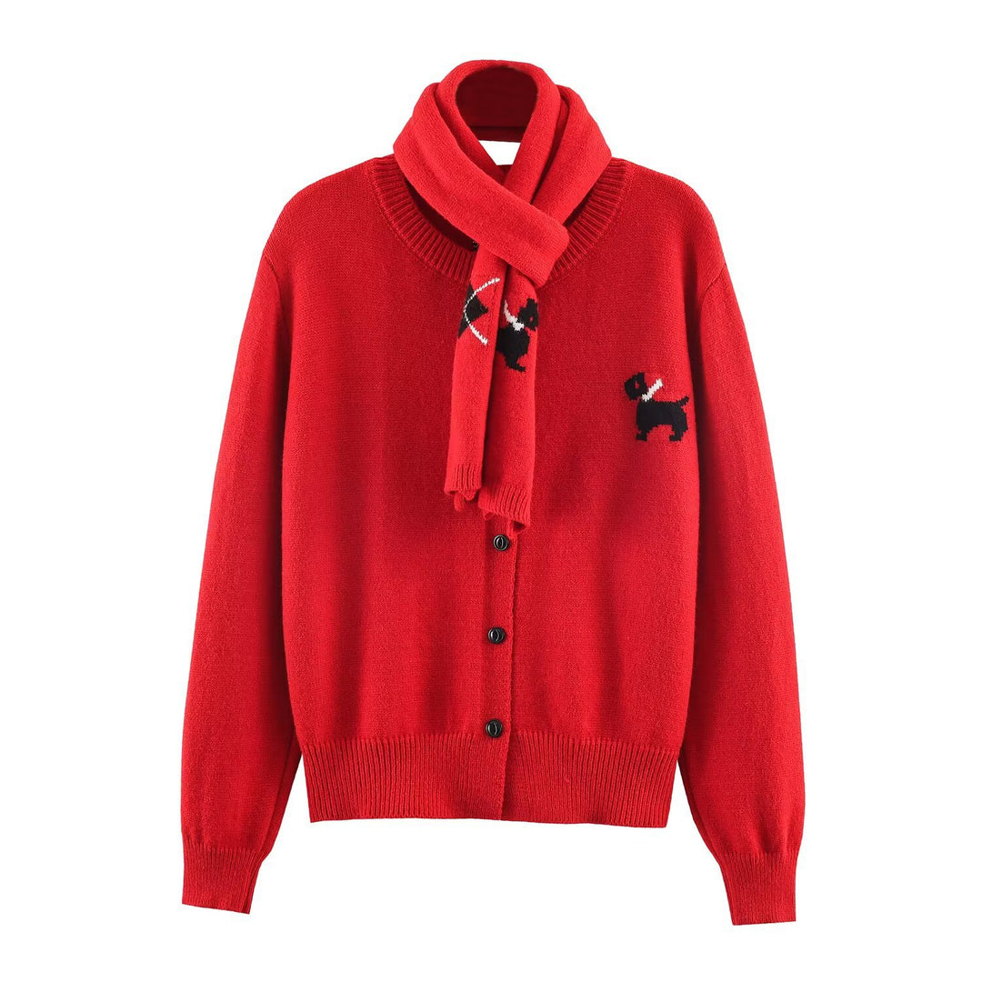 Damen Gestrickte Kurzjacke mit integriertem Schal und Hundeintarsie Drune