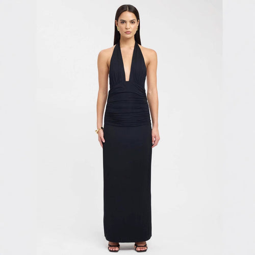 Damen Maxikleid mit tiefem V-Ausschnitt und figurbetonendem Design Drune