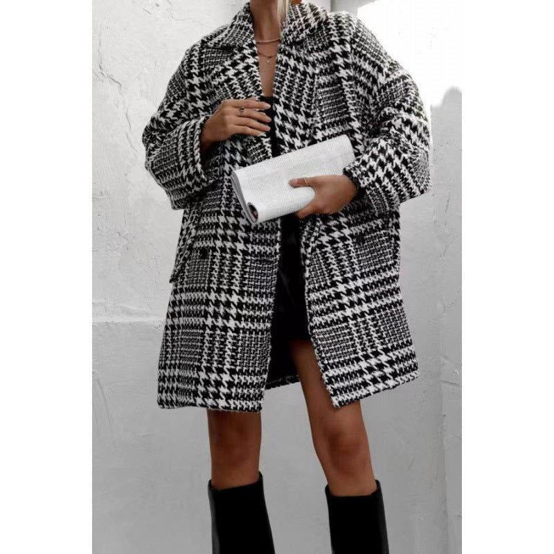 Damen Oversized Wollmantel mit Karomuster und hoher Kragenführung Drune