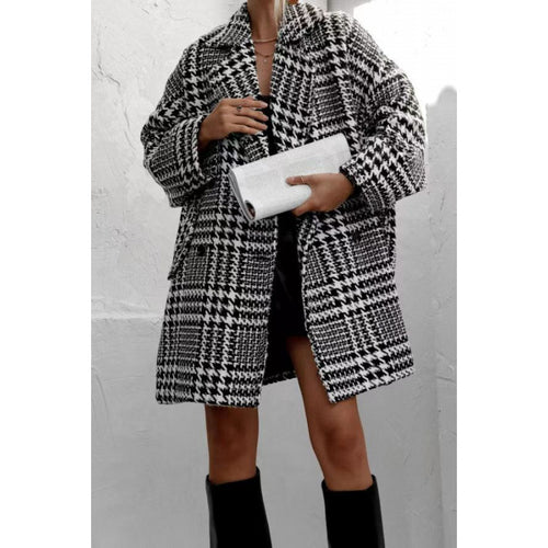 Damen Oversized Wollmantel mit Karomuster und hoher Kragenführung Drune