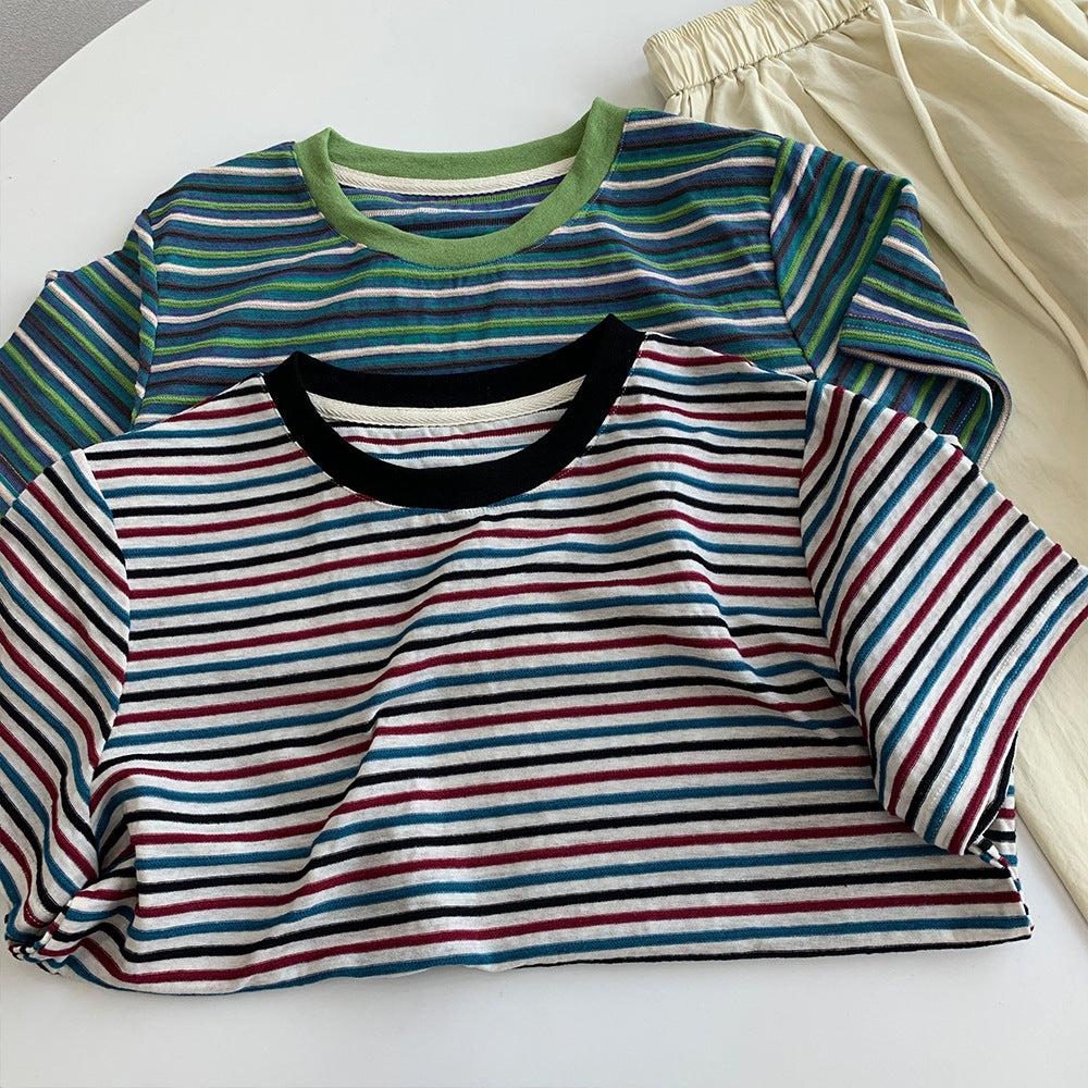 Damen Bequem Gestreiftes Kurzarm-T-Shirt Set Drune