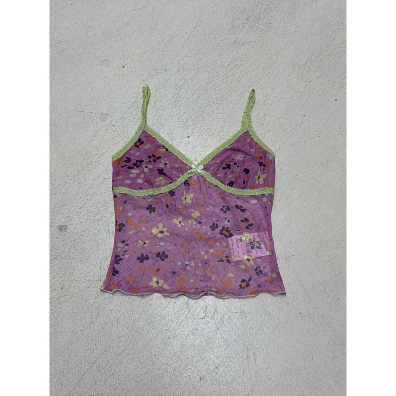 Damen Blumen Spaghetti Trägertop mit feinen Rüschendetails Drune