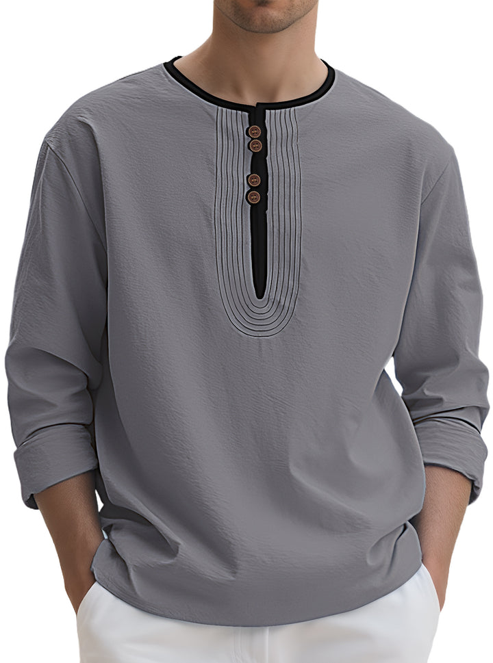 Herren nan weit geschnittenes Langarm-Kurta-Oberteil mit dekorativen Biesen und Holzknopfleiste Drune
