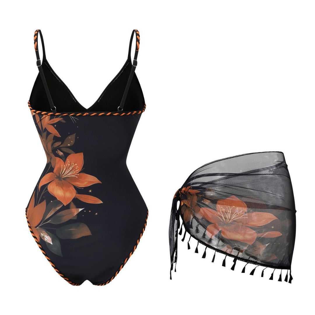 Damen Mode-Badeanzug mit floralem Design und transparentem Wickelrock Drune