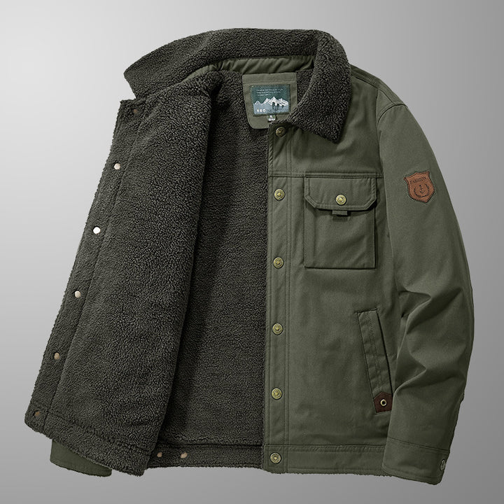 Herren Sherpa-gefütterte Canvas-Truckerjacke mit Teddyfutter und Utility‑Taschen Drune