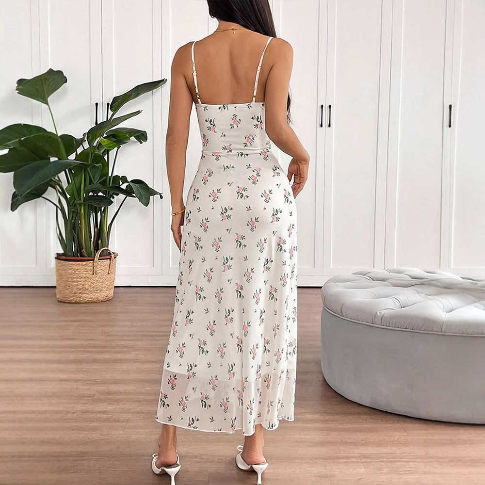 Damen Maxikleid mit feinen Spaghetti-Trägern und floralem Druck Drune