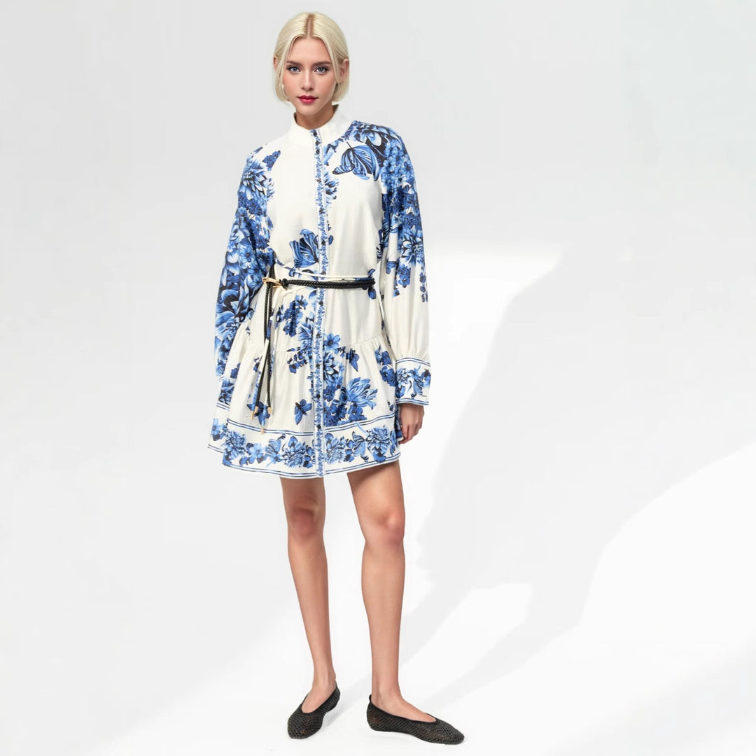 Damen Midikleid mit Stehkragen, durchgehender Knopfleiste und Taillenzug Drune