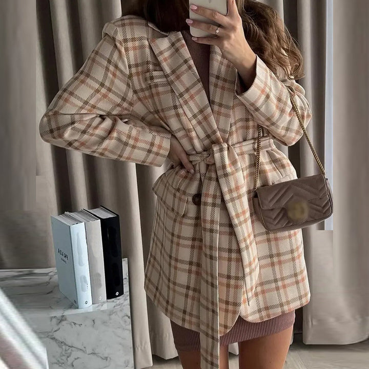 Damen Oversize karierter Mantelblazer mit Taillengürtel und aufgesetzten Taschen Drune