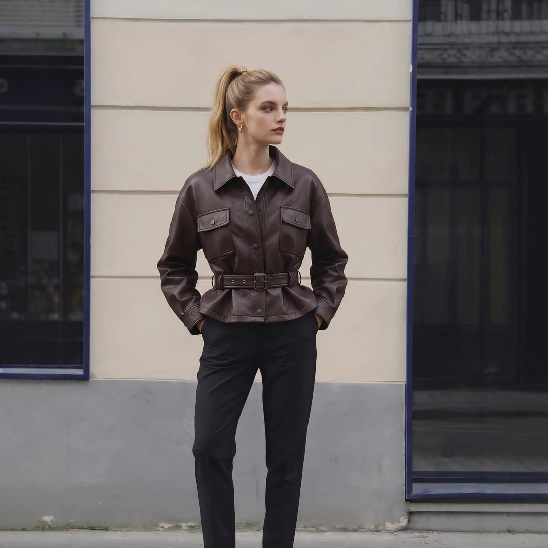 Damen Modische Lederjacke mit Gürtel Drune