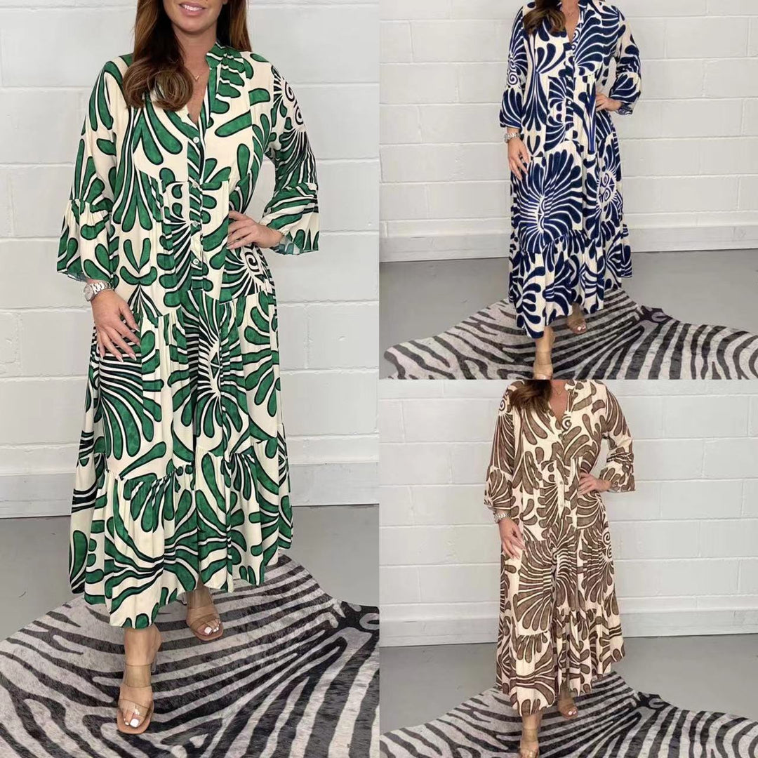 Damen Lange Stufen Kleid mit Knopfleiste und abstraktem Blattdruck Drune