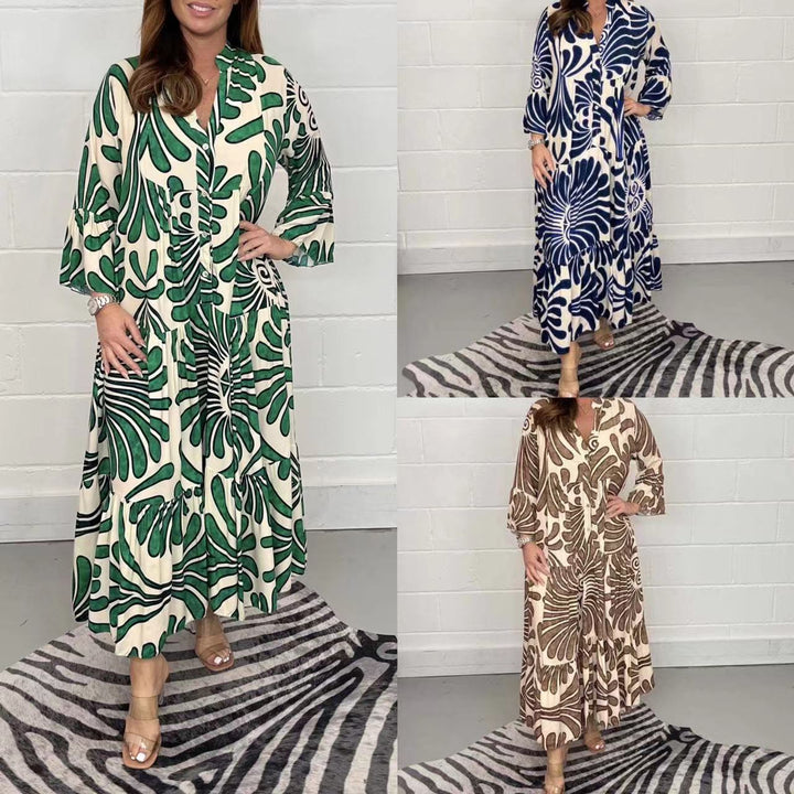 Damen Lange Stufen Kleid mit Knopfleiste und abstraktem Blattdruck Drune