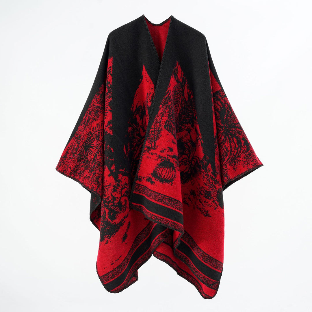 Damen Capeponcho aus Wollmix mit zweifarbiger Jacquardstruktur und Zierstichrand Drune