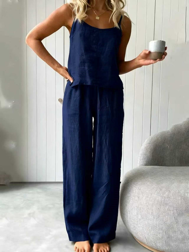 Damen lässiges Leinen-Set mit Trägershirt und weiten Hosen Drune