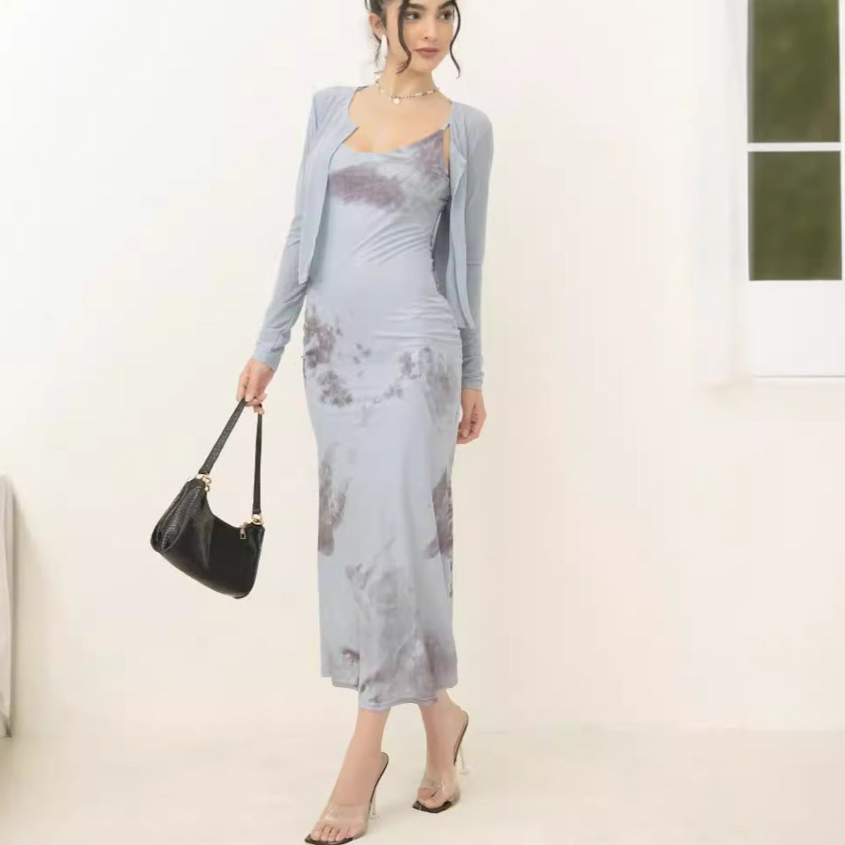 Damen Zweiteiliges Maxikleid-Set mit tailliertem Slipkleid und kurzem Langarm-Cardigan Drune