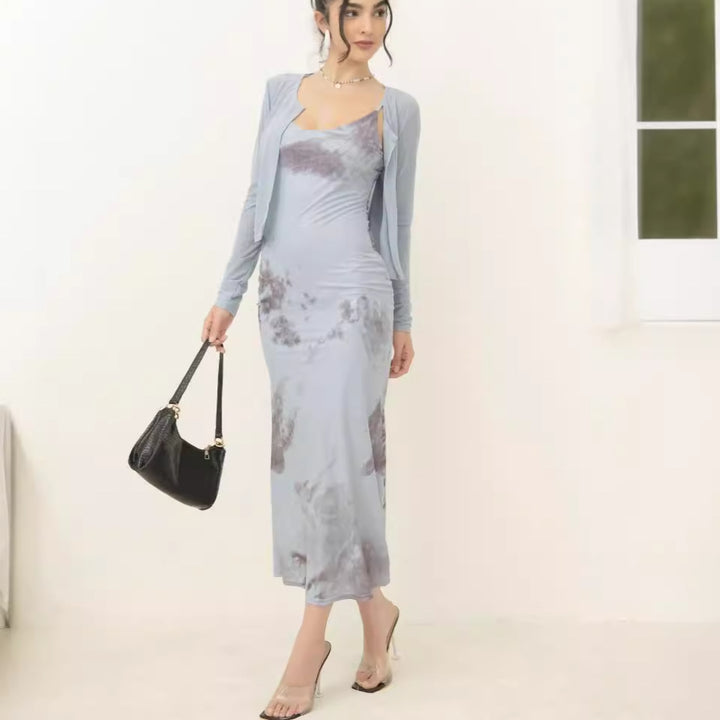 Damen Zweiteiliges Maxikleid-Set mit tailliertem Slipkleid und kurzem Langarm-Cardigan Drune