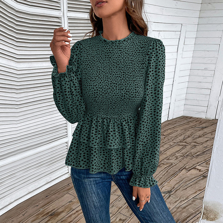 Damen Gesmoktes Chiffon-Blusenshirt mit Stufen-Peplum und Rüschenärmeln Drune