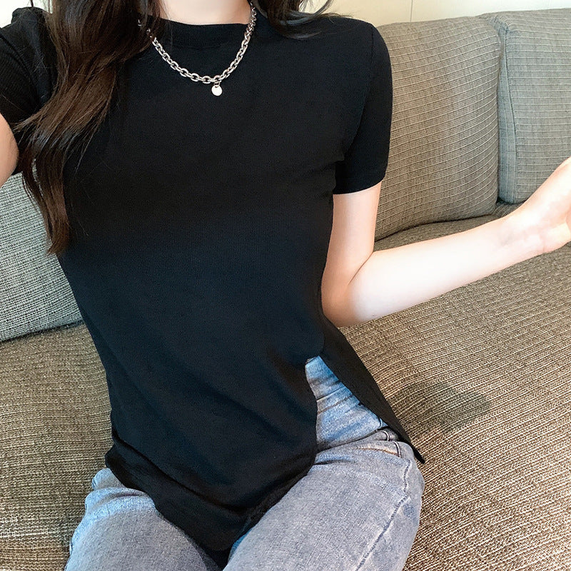 Damen elegantes T-Shirt mit seitlichem Schlitz und figurbetontem Schnitt
