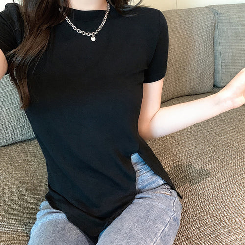 Damen elegantes T-Shirt mit seitlichem Schlitz und figurbetontem Schnitt