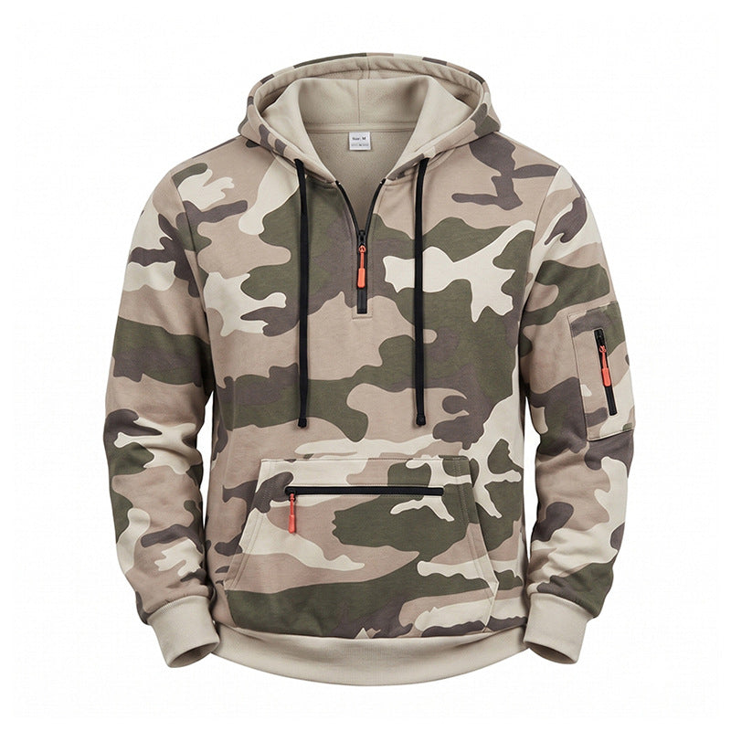 Herren Kapuzenpullover Camouflage mit Fleecefutter, Halbzip und Reißverschlusstaschen Drune