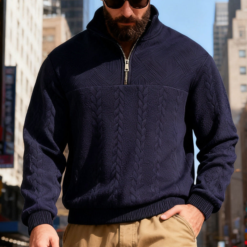 Herren nan strukturiertes Halfzip-Strickpullover mit Zopfmuster und hohem Stehkragen Drune