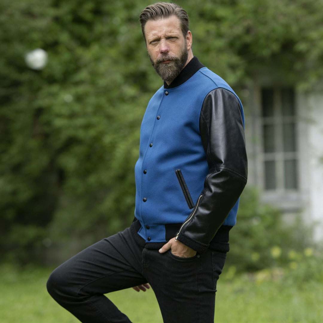 Herren College-Bomberjacke im Varsity-Stil mit Wollkörper und Lederärmeln Drune