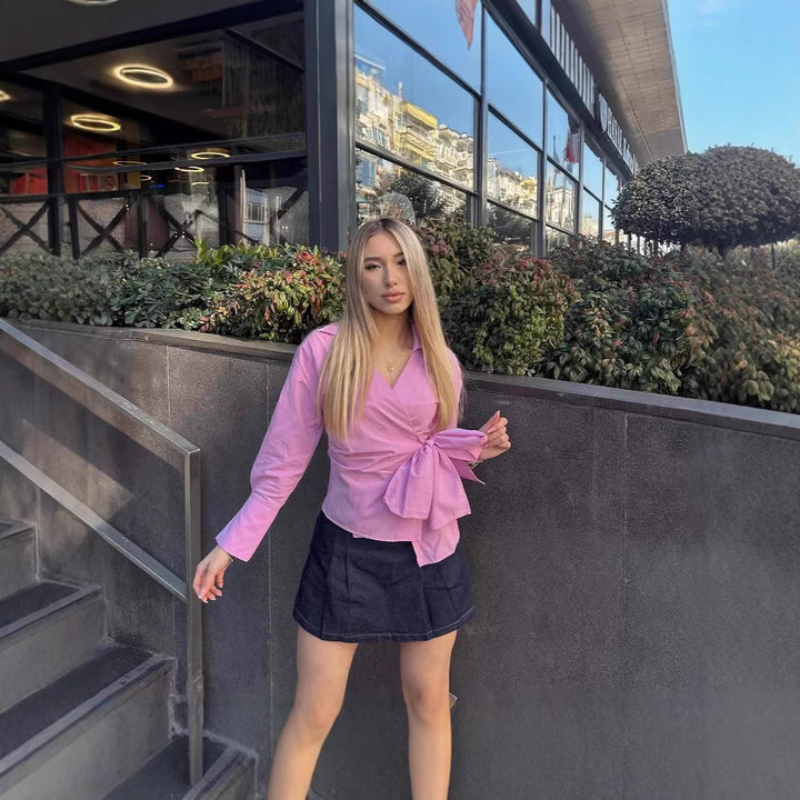 Damen Wickelbluse mit Bindeband und elegantem Kragen Drune