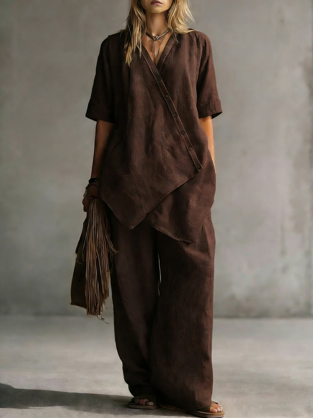 Damen Leinen-Zweiteiler mit asymmetrischer Knopfleiste und weiter Palazzo-Hose Drune