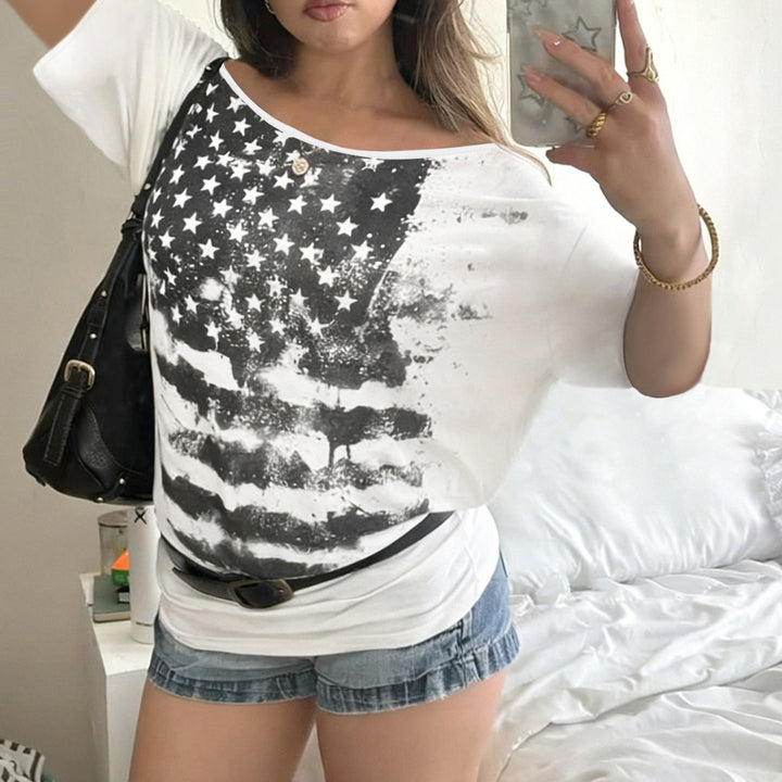 Damen lässiges T-Shirt mit kreativem Sternen-Flaggen-Design Drune