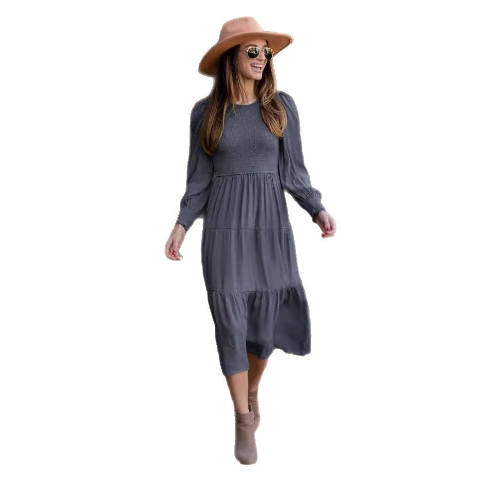 Damen lässiges Langarmkleid mit Raffung und Volantdetail Drune