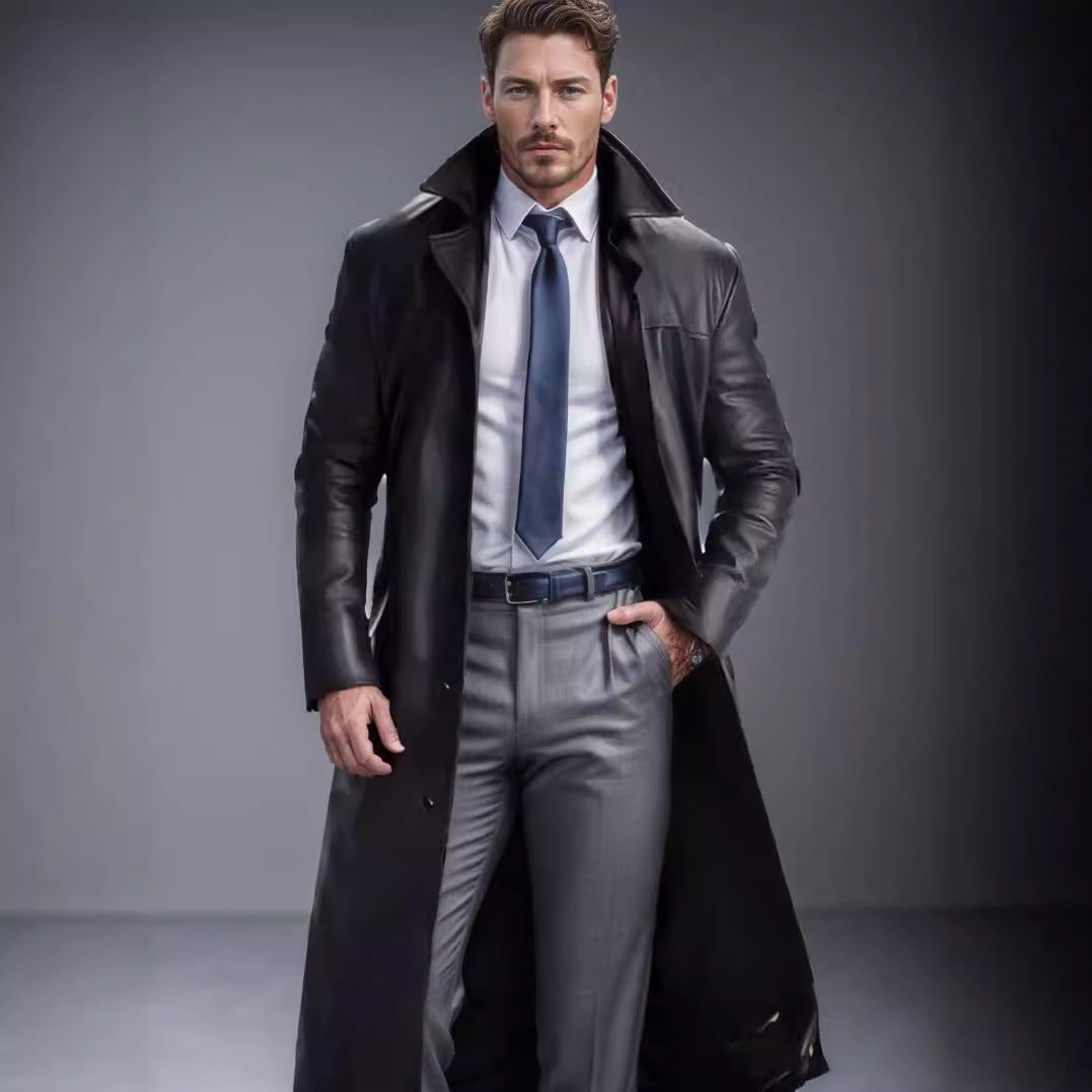 Herren Langer Ledermantel im Trench-Stil mit schmaler Silhouette und Stehkragen Drune