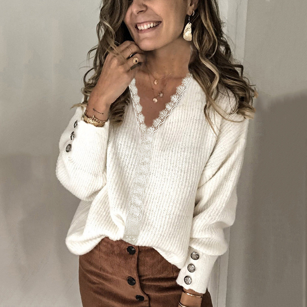 Damen Oversize Feinstrickpullover mit Spitzen‑V‑Ausschnitt und Zierknopfärmeln Drune