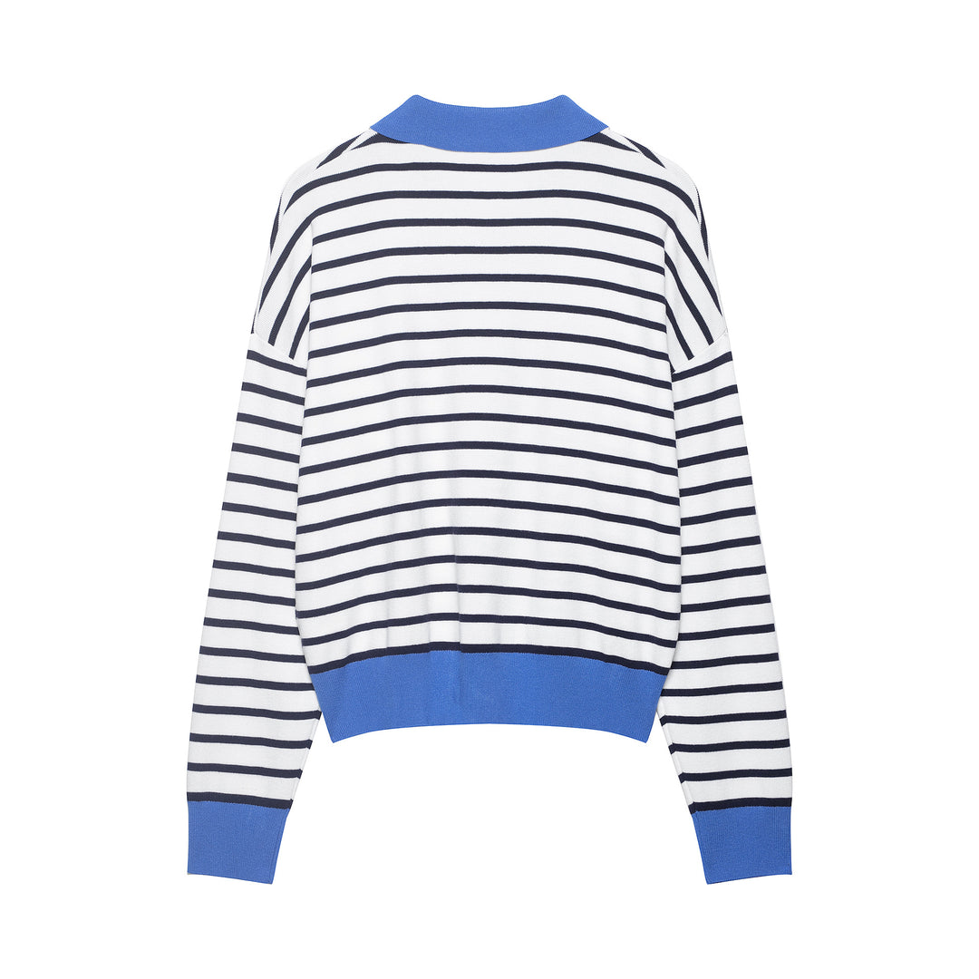 Damen Gestreiftes Cropped Strickpolo mit halbem Reißverschluss und breitem Rippbund Drune
