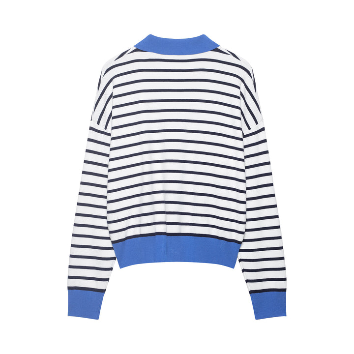 Damen Gestreiftes Cropped Strickpolo mit halbem Reißverschluss und breitem Rippbund Drune