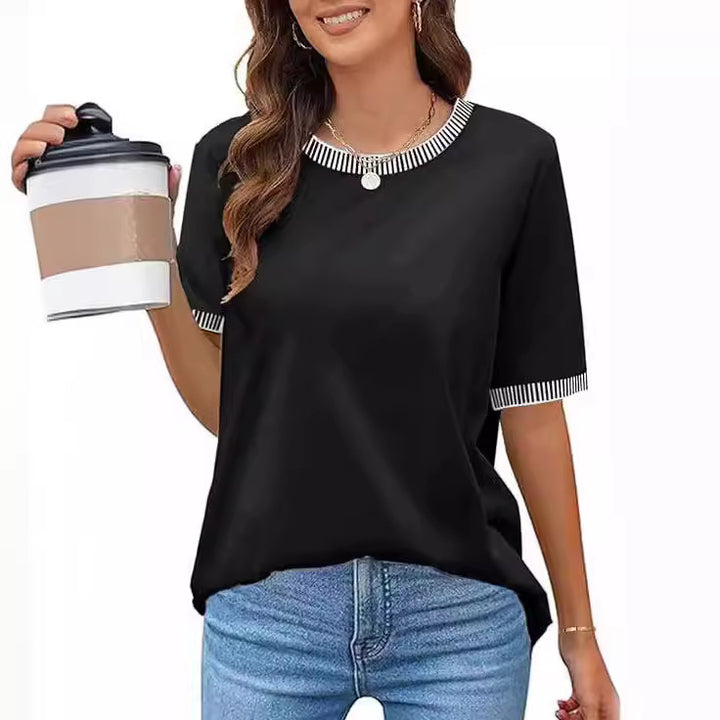 Damen lässiges Kurzarm-Shirt mit modischem Streifenkragen Drune