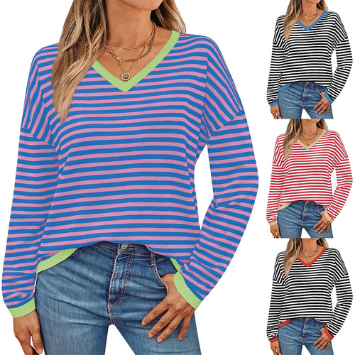 Damen lässiger Pullover mit niedrigem V-Ausschnitt und buntem Streifenmuster Drune
