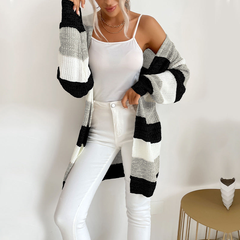 Damen Langer Oversize-Strickcardigan mit Blockstreifen und offener Front Drune