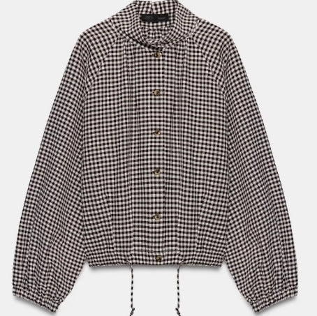 Damen Kurzblousonjacke im Vichykaro mit hohem Stehkragen und Tunnelzugsaum Drune