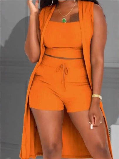 Damen lässiges 3-teiliges Set bestehend aus Crop-Top, Shorts und langem Cardigan Drune