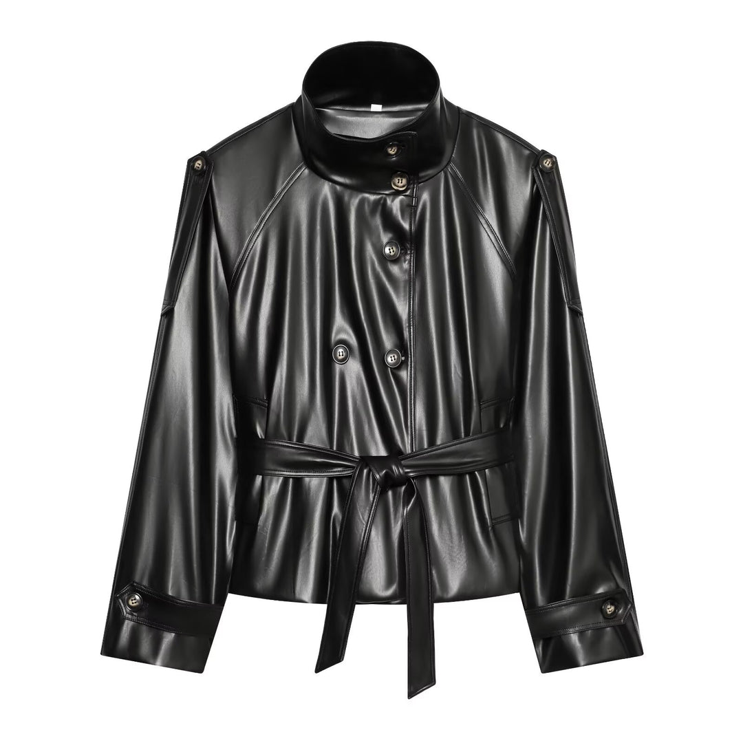 Damen Kurzer Trench‑Blouson in Lederoptik mit Taillengürtel, hohem Stehkragen und doppelter Knopfleiste Drune