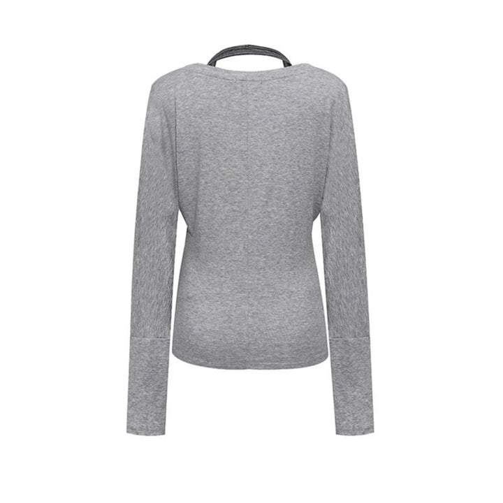 Damen Lagen-Langarmshirt mit tiefem V-Ausschnitt, Neckholder-Innenlayer und seitlichem Script-Print Drune