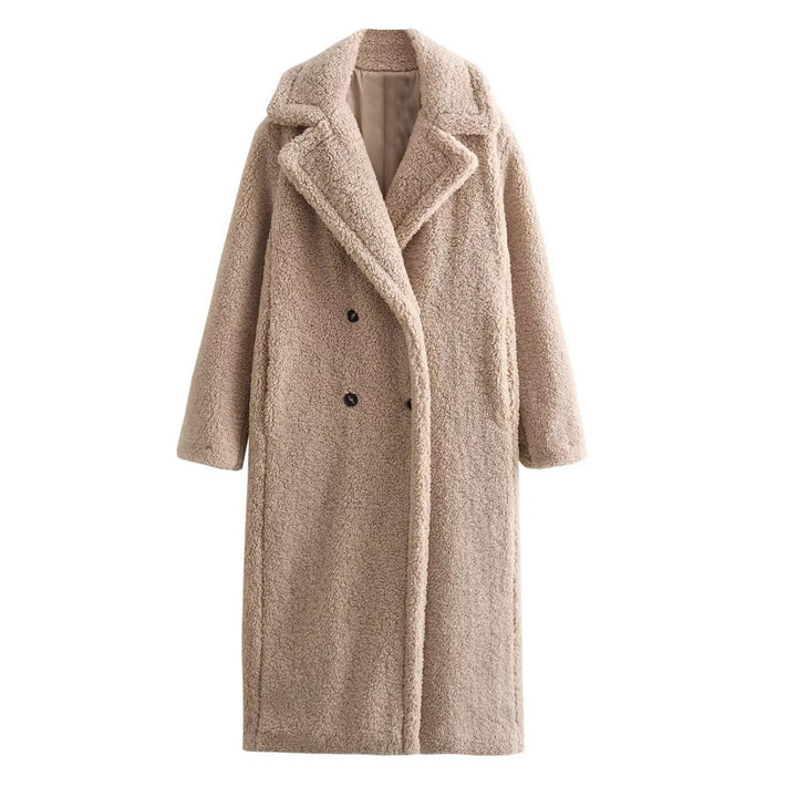 Damen 900+ langer Teddy‑Mantel im Oversize‑Cut mit Doppelreihe, Reverskragen und wärmender Innenfutter Drune