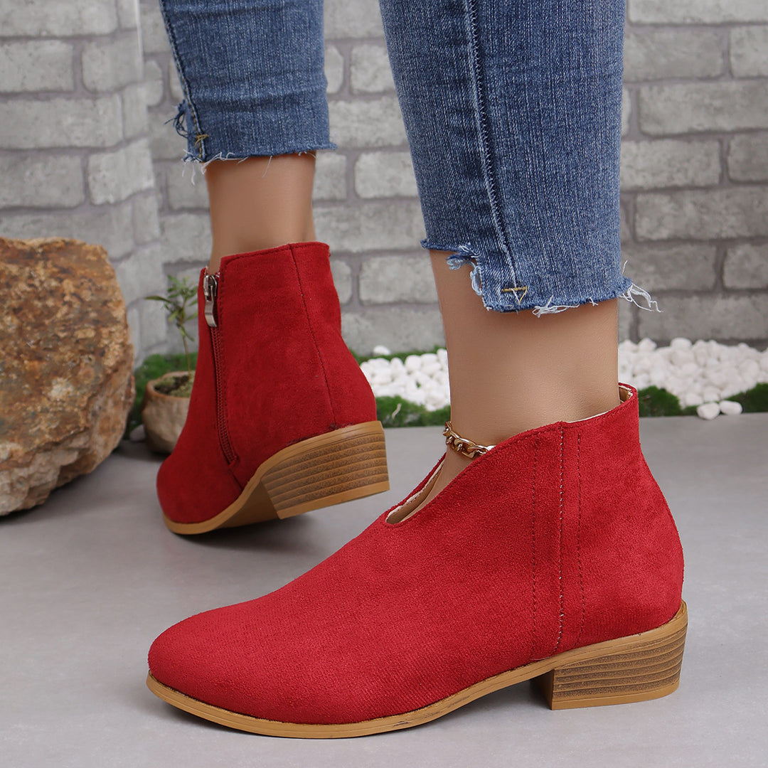 Damen nan V‑Ausschnitt Ankleboots aus Veloursoptik mit seitlichem Reißverschluss und niedriger Holzblocksohle Drune