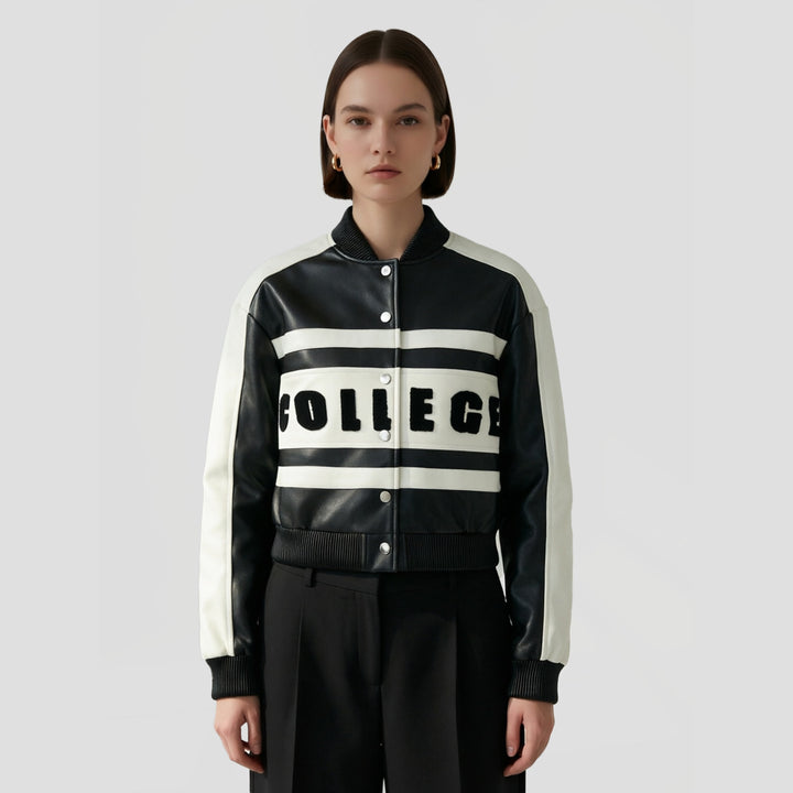 Damen Modische Kurzlederjacke mit College-Design Drune
