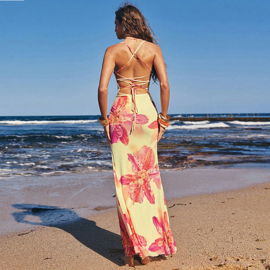 Damen Maxi Kleid mit floralem Design und Spaghettiträgern Drune